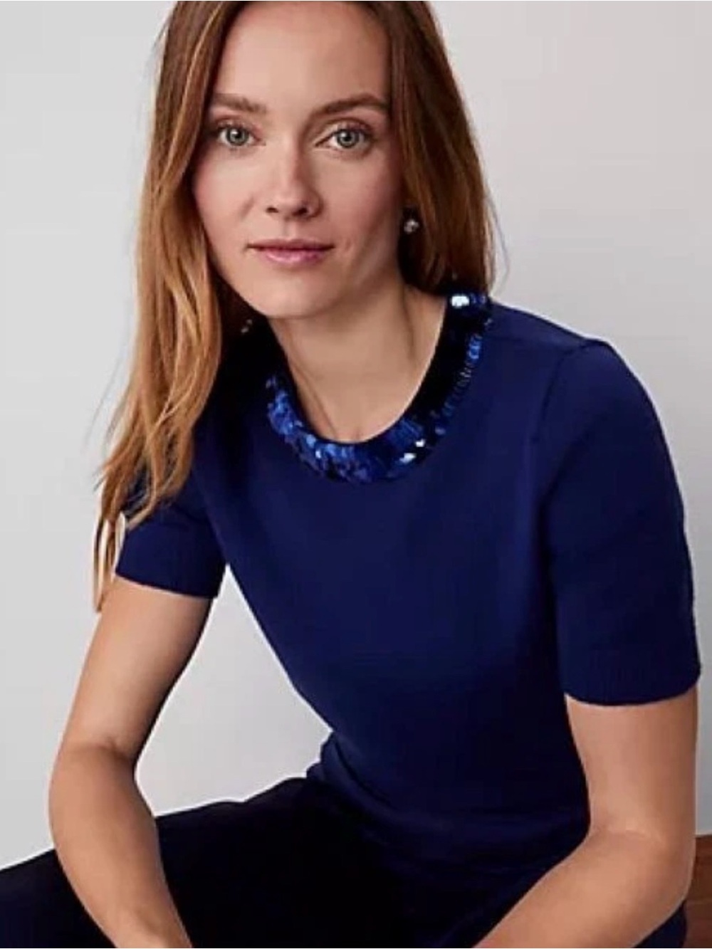 Ann Taylor Short Sleeve Sweater  with Sequin Collar - Navy Blue - sz large- NWT